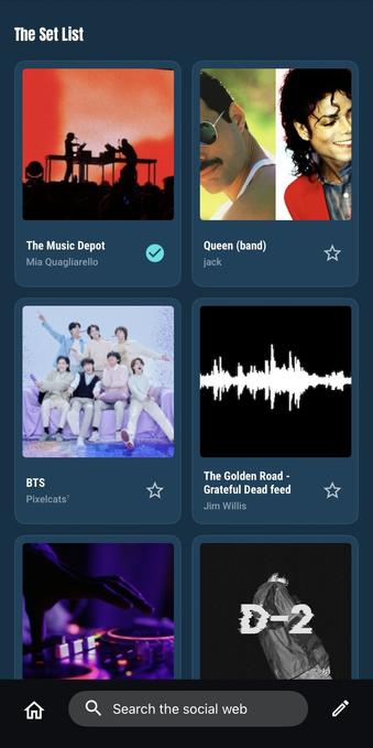 Screenshot of a page in the open social web product Surf. The title is The Set List and below are images with labels The Music Depot, Queen (band), BTS, The Golden Road, plus two images below, the labels for which are not visible.