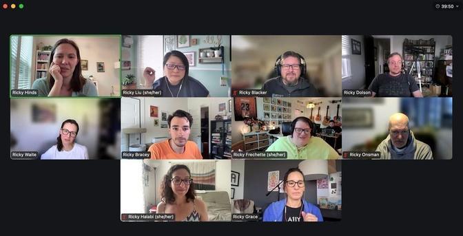 Screenshot of a virtual meeting with 10 WordPress Accessibility Day organizers, each labeled “Ricky” as a playful inside joke. Everyone is visible in a grid layout on video call, mid-discussion or smiling during a planning session.