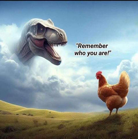 A realistic dinosaur head appears through a cloud in the sky and scolds a chicken to "Rememner who you are!"