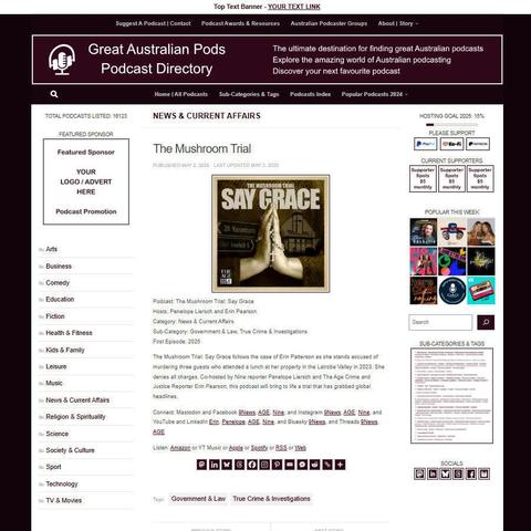 The Mushroom Trial: Say Grace
Screenshot of the podcast listing on the Great Australian Pods website