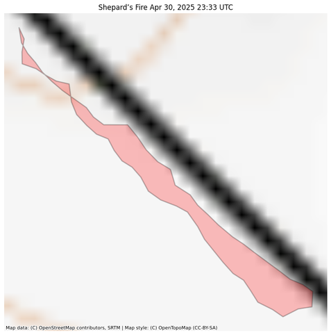 Visual map representation of the Shepard’s Fire wildfire, showing the perimeters of the 0.13 acre fire on a map.