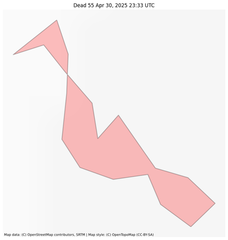 Visual map representation of the Dead 55 wildfire, showing the perimeters of the 0.02 acre fire on a map.