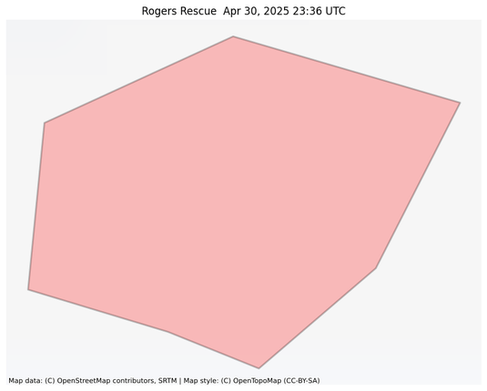 Visual map representation of the Rogers Rescue  wildfire, showing the perimeters of the 0.1 acre fire on a map.