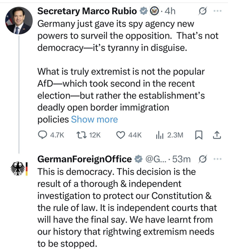 On X, Rubio expressed his disdain with the German Foreign Office for supporting Germany's labeling of AfD as a RW extremist party.