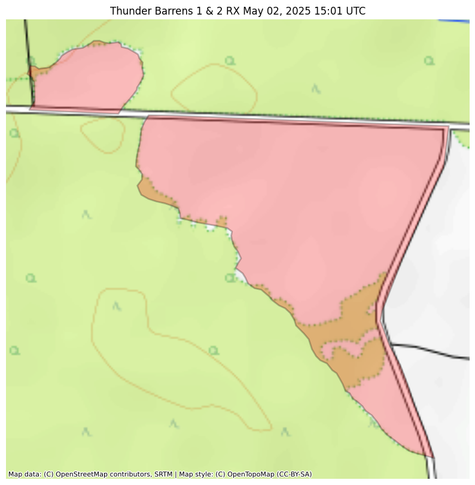 Visual map representation of the Thunder Barrens 1 & 2 RX wildfire, showing the perimeters of the 49.0 acre fire on a map.