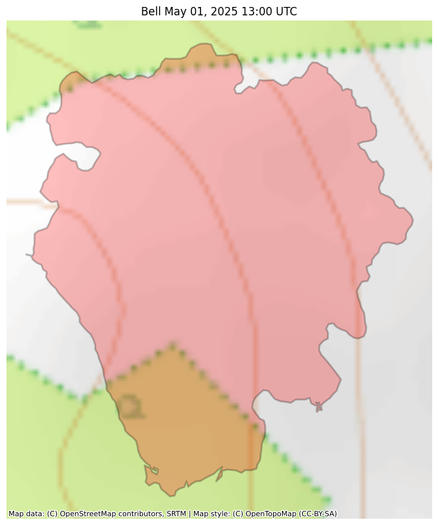 Visual map representation of the Bell wildfire, showing the perimeters of the 12.06928943106716 acre fire on a map.