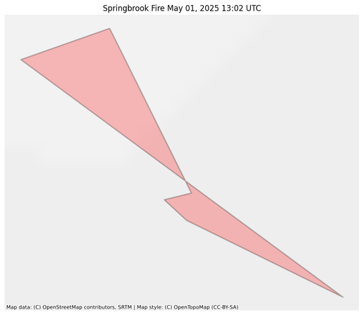 Visual map representation of the Springbrook Fire wildfire, showing the perimeters of the 0.25 acre fire on a map.