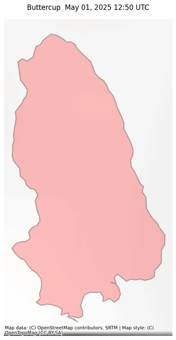 Visual map representation of the Buttercup  wildfire, showing the perimeters of the 3.0816400721033577 acre fire on a map.