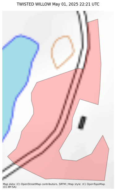 Visual map representation of the TWISTED WILLOW wildfire, showing the perimeters of the 0.1 acre fire on a map.