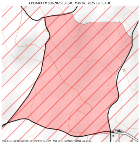 Visual map representation of the CPED-RX FMZ08-20250501-01 wildfire, showing the perimeters of the 134.26 acre fire on a map.
