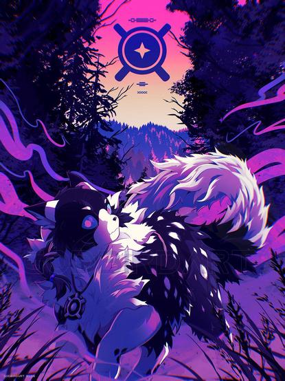 image is a digital illustration of a tense long-haired feline moving through the ominous woods shrouded in violets, a magenta fog curling around the tree trunks and grasses.