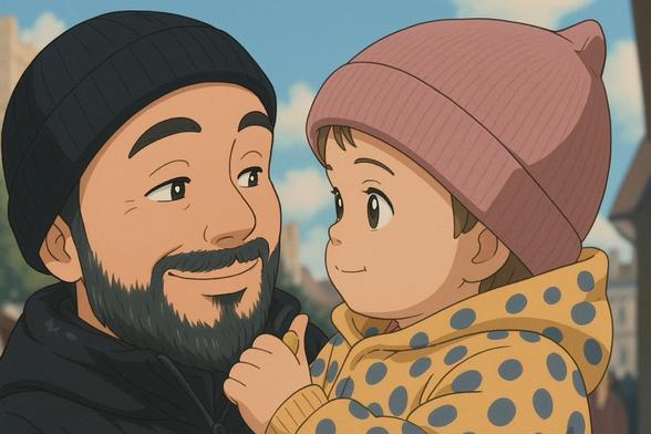 Loving gaze between father and child in a beanie