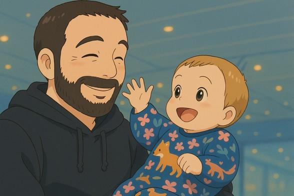 Affectionate father holding waving baby