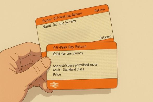 Hand holding UK train tickets