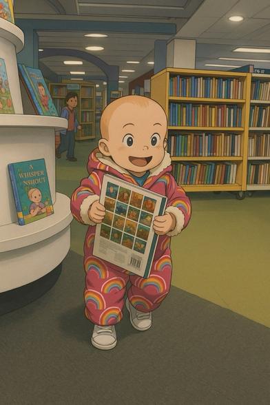 Baby holding a book in a library