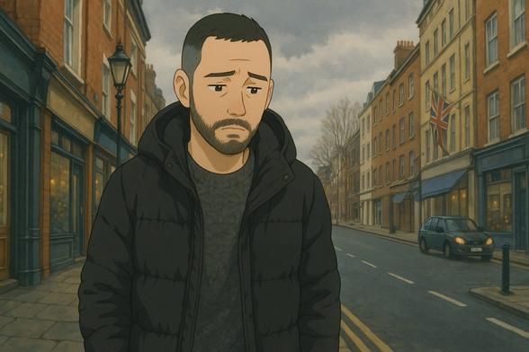 Melancholic man walking down a street