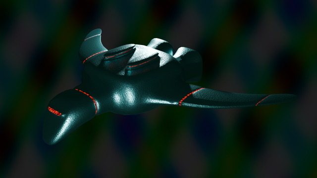 A green spaceship against a dark backdrop.
Ship has slim, glowing red highlights