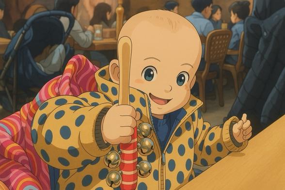 Joyful baby with jingle bells in a busy restaurant
