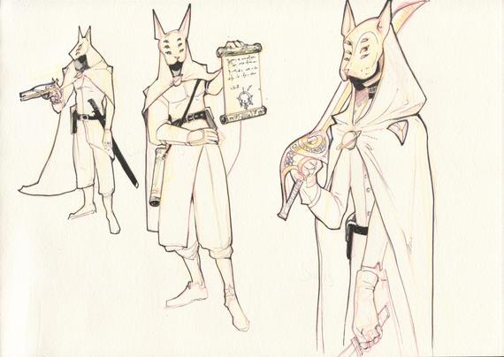 pen and ink drawing of three characters who belong to a secret organization and wear dog fox masks. One of them has a gun, a saber, and the third one hold a scroll reminding people of the terms of a contract.