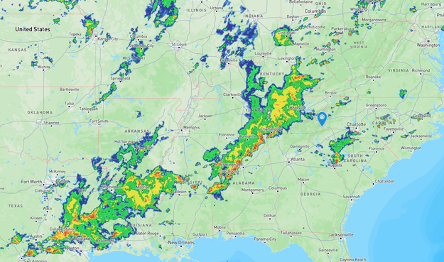 A screencap of a variety of Friday afternoon storms, stretching from the Gulf of Mexico up into the Great Lakes, coming towards our small blue dot outside of Asheville, NC

Friends in TN had 3 hours of thunderstorms, and lost (then regained) power.  I'm sure they weren't alone.  Hoping everyone can "hunker down" somewhere they can stay for a while whenever these storms reach their areas.