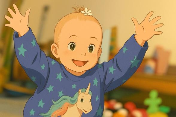 Excited toddler with arms raised wearing a unicorn and star patterned shirt