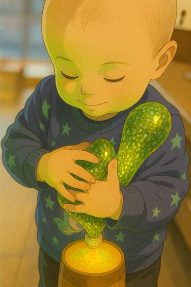 Toddler carefully squeezing a toy cactus