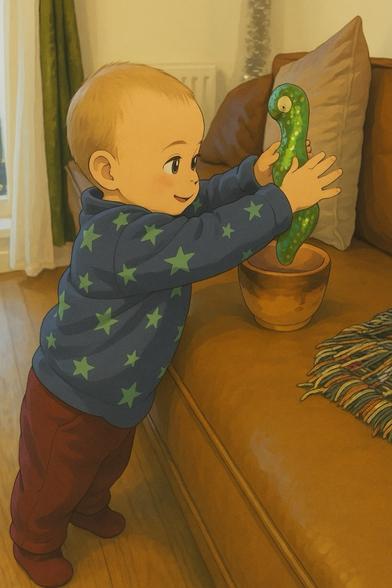 Toddler playing with green toy cactus on a brown couch