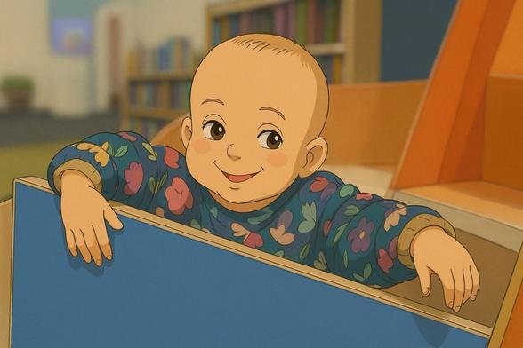 Baby in a floral top leaning on a blue surface