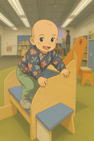 Baby climbing on wooden structure in a library