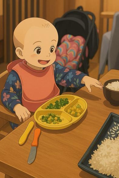 Baby wearing a bib at a table with a plate of food