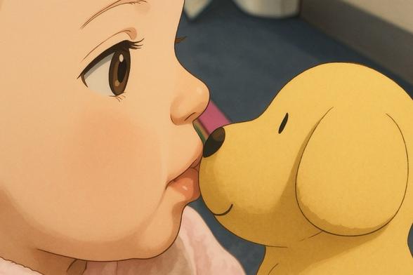 Closeup of baby kissing a yellow stuffed dog toy.