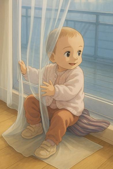 Baby sitting by window with white curtain