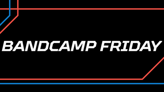 The text says Bandcamp Friday. The text is off white and the background is black. There are red and blue lines around the text.