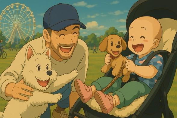 Joyful father with baby in stroller and a dog at a park
