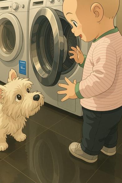 Curious baby and dog looking at each other