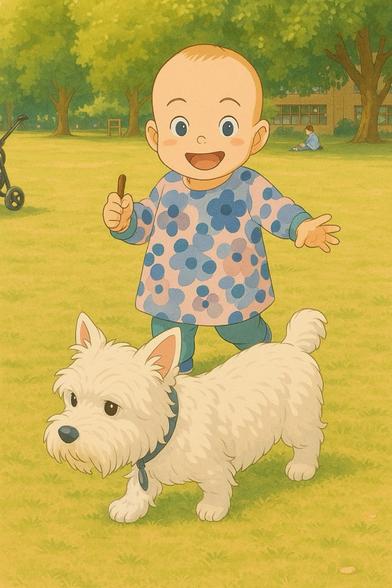 Happy baby holding stick and with a white dog in a park