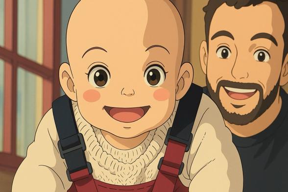 Close-up of smiling baby in overalls with father in the background