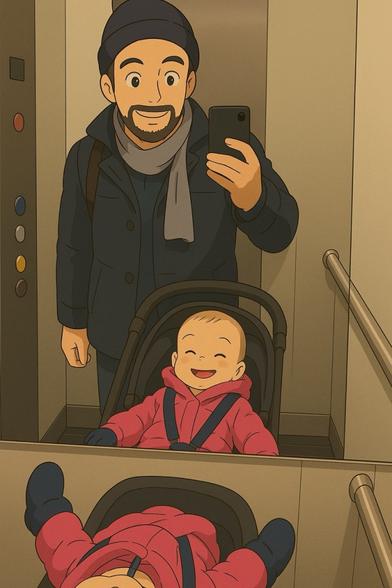 Reflection of a father taking selfie with baby in stroller in an elevator