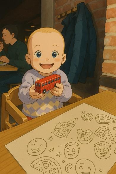 Baby in high chair holding a red toy bus at a restaurant table