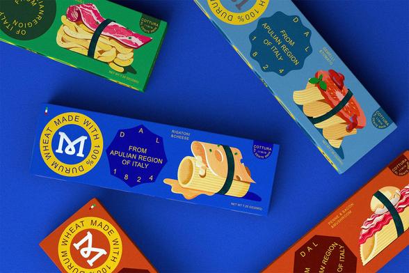 Colorful pasta boxes from the Apulian region of Italy, showcasing various flavors and cooking instructions, against a blue background.