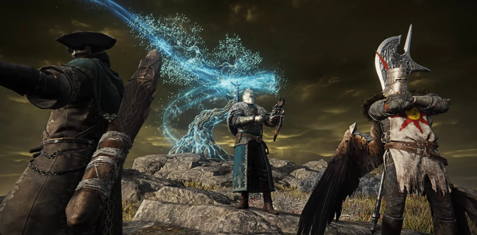 Screenshot from Elden Ring: Nightreign showcasing armor sets from older FromSoftware games including Solaire of Astora from Dark Souls 1