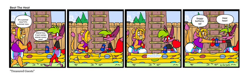 In panel one, Friar and Berry approach the kiddie pool in front of the treehouse ladder carrying their sippie cups.

"It's summer now? It's summer now."

"Weird how it just comes sooner every year!"

In panel two, Friar and Berry hop in the kiddie pool with their diapers on.


In panel three, their diapers absorb all the water with a FWOOMP.


In panel four, Friar and Berry clink their sippie cups.

"Soggy bottoms up!"

"Hear hear!"