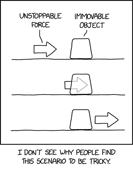 The comic consists of three panels showing a diagram with a square object, labelled "Immovable Object", and a big arrow, labelled "Unstoppable Force", both on a flat surface.

Top panel: The arrow is located to the left of the square object.
Middle panel: The arrow has moved halfway into the block, where it appears semi-transparent.
Bottom panel: The arrow has passed through to the other side of the block, which remains in the same place.

Caption below the panels: "I don’t see why people find this scenario to be tricky."

Hidden text: "Unstoppable force-carrying particles can't interact with immovable matter by definition."