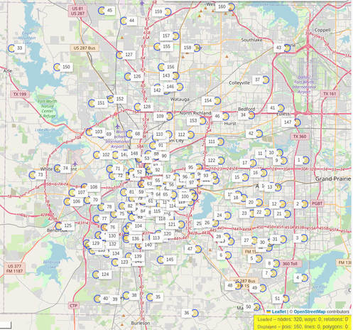 A map showing 160 different polling places spread out across Tarrant county, Texas (includes Fort Worth). The map is rendered with Leaflet, and at this zoom level, is definitely overcrowded.