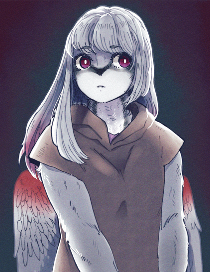 a picture of a bird humanoid with long, silver with red ombre hair
