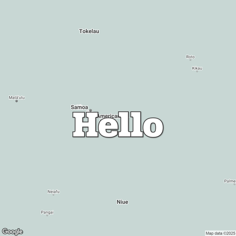 Map of American Samoa overlaid with a translation of the word "hello": Hello.