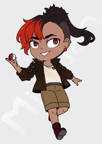 A Base Colored SD/Chibi picture of Valerie (belongs to XMaveria) smiling at the viewer while holding a pokeball with their right arm.