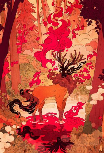 An illustration of a forest spirit in the middle of a body of water,  the forest on fire around it. Deer-like, with leafy entwining antlers, its eyes glow against the black flowing void of its face and tail that trails in the wind, transforming into flame. Smoke billows in front and in the distance, the creature’s reflection a shadowy distortion. Surrounded and engulfed in flames, the forest spirit stands with a silent calm amidst the burning destruction of its home.