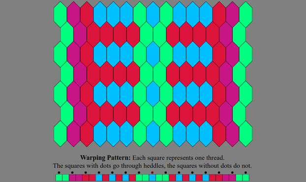 An Inkle weaving diagram and warping pattern in the color sequence listed in the text description: The warping pattern is a line of colored boxes with small dots above every other one, above which it states: "Warping Pattern: Each square represents one thread. The squares with dots go through heddles, the squares without dots do not." The weaving diagram is a series of tessellated lozenge shaped tiles illustrating how the pattern will appear when woven.