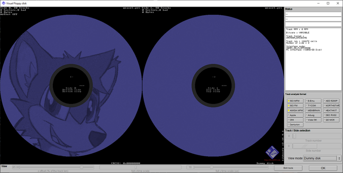 An image of Pheebs!! Flux the Weasel encoded into an MFM bitstream on a floppy disk